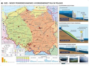 Wody powierzchniowe i hydroenergetyka w Polsce - OZE - mapa ścienna 