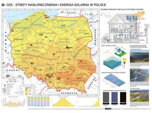 Strefy nasłonecznienia i energia solarna w Polsce – OZE – mapa ścienna 