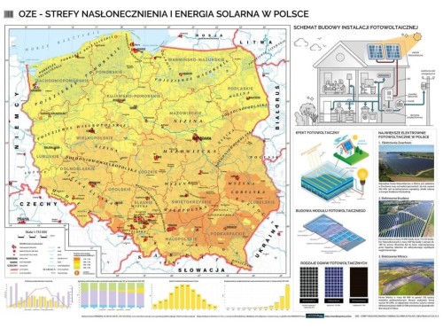Strefy nasłonecznienia i energia solarna w Polsce – OZE – mapa ścienna