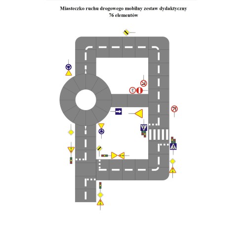 Mobilne miasteczko ruchu drogowego 10,5x16 m zestaw 76 elementów z sygnalizacją świetlną