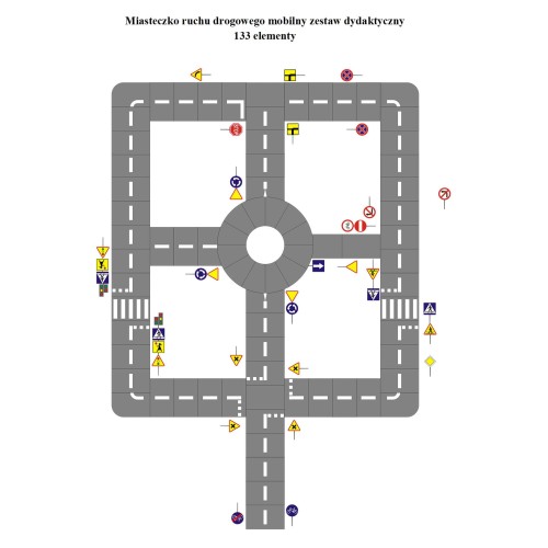 Mobilne miasteczko ruchu drogowego 16x23 m zestaw 133 elementy z sygnalizacją świetlną